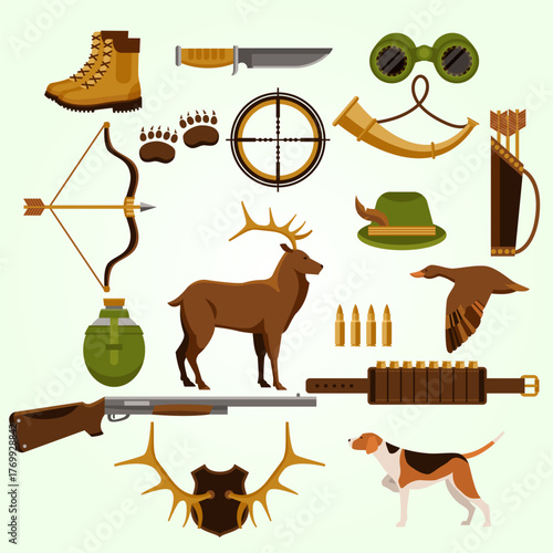 Flat Hunting Equipment Illustration Collection for Wilderness Adventure and Game Pursuit