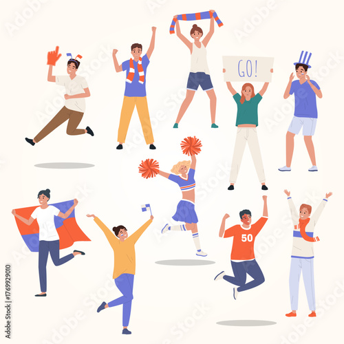 Flat Handdrawn Diverse Group of Cheering Fans at a Sport Event