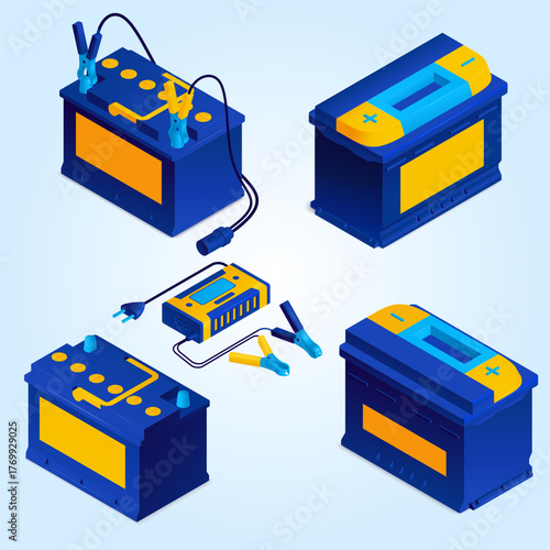 Isometric Detailed Automobile Battery Charger Equipment Set Illustration