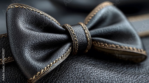 Black Leather Bow with Gold Stitching - Men's Formal Bow Tie & High-End Accessory Design Detail
