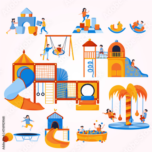 Cartoon Colorful Playground Illustration with Kids Playing Various Activity Equipment
