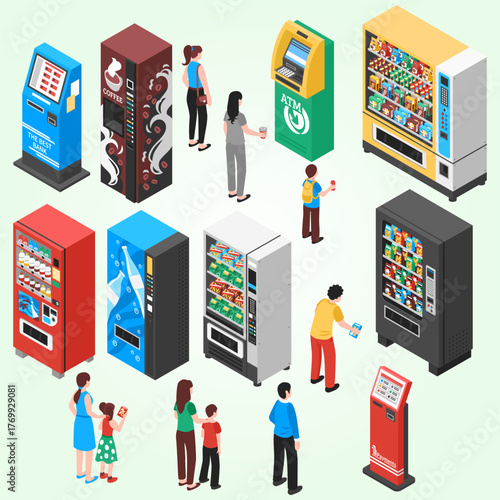 Isometric Retail Automatic Machine and People around Them Illustration