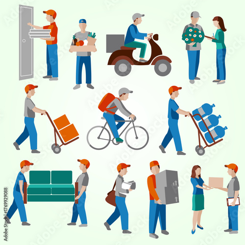 Flat Style Delivery Courier Occupation with Various Transport and Item Illustration