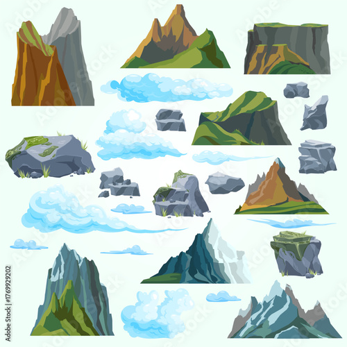 Cartoon Style Nature Landscape Mountain Peak Rock Cliff Cloud Element