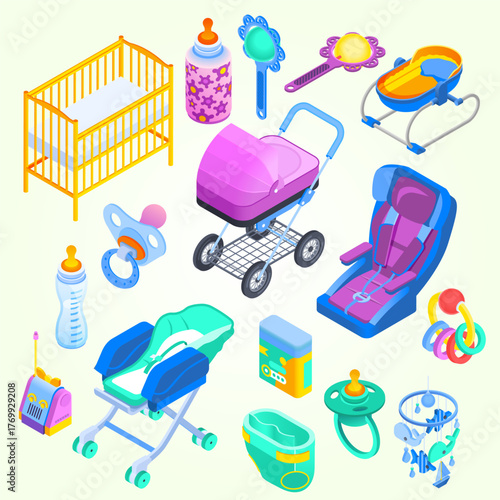 Isometric Detailed Baby Item Collection Set for Newborn Essentials