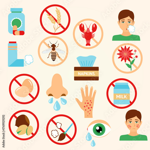 Flat Style Allergen and Irritant Sign Icon Set for Health Awareness
