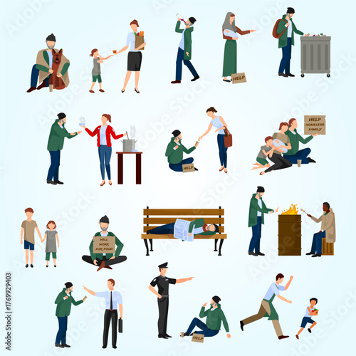 Flat Illustration of Social Issues Poverty Homelessness and Human Kindness