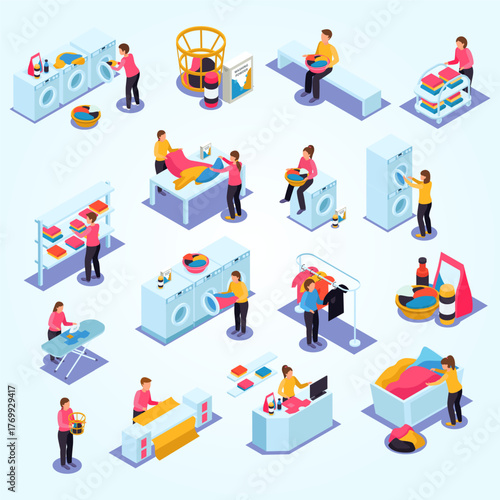 Isometric Style Detailed Laundry Service with People and Machine Illustration