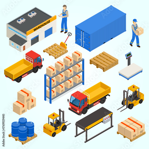 Isometric Detailed Warehouse Logistics Operation with Transportation and Storage Element