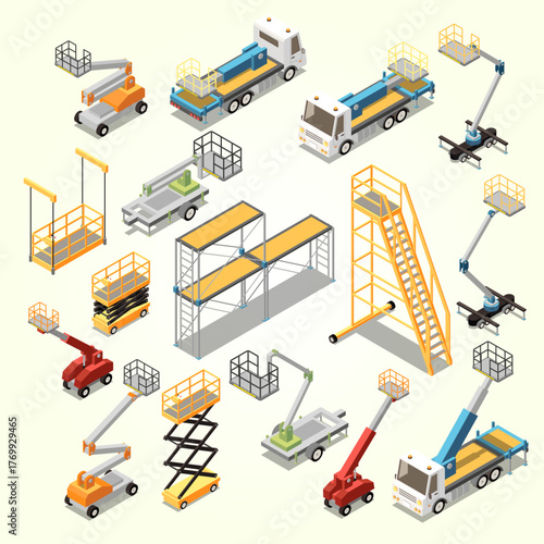 Isometric Detailed Cherry Picker and Scaffolding Construction Equipment Industrial Illustration