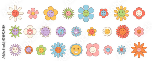 Groovy retro cartoon flower set with cute and happy smile faces. Colorful doodle daisy and floral elements show playful y2k groovy element style. Perfect for vibrant fun projects.