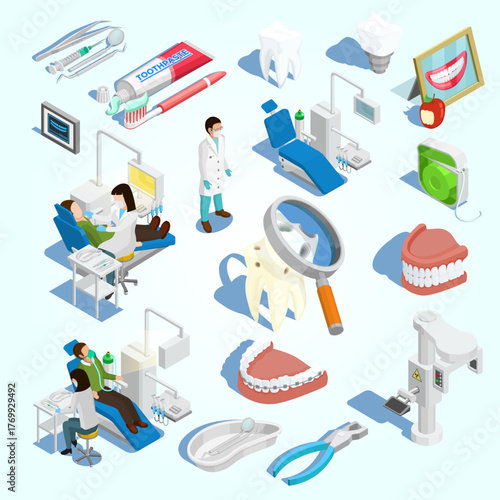 Isometric Detailed Dental Care Checkup Equipment And Procedure Illustration