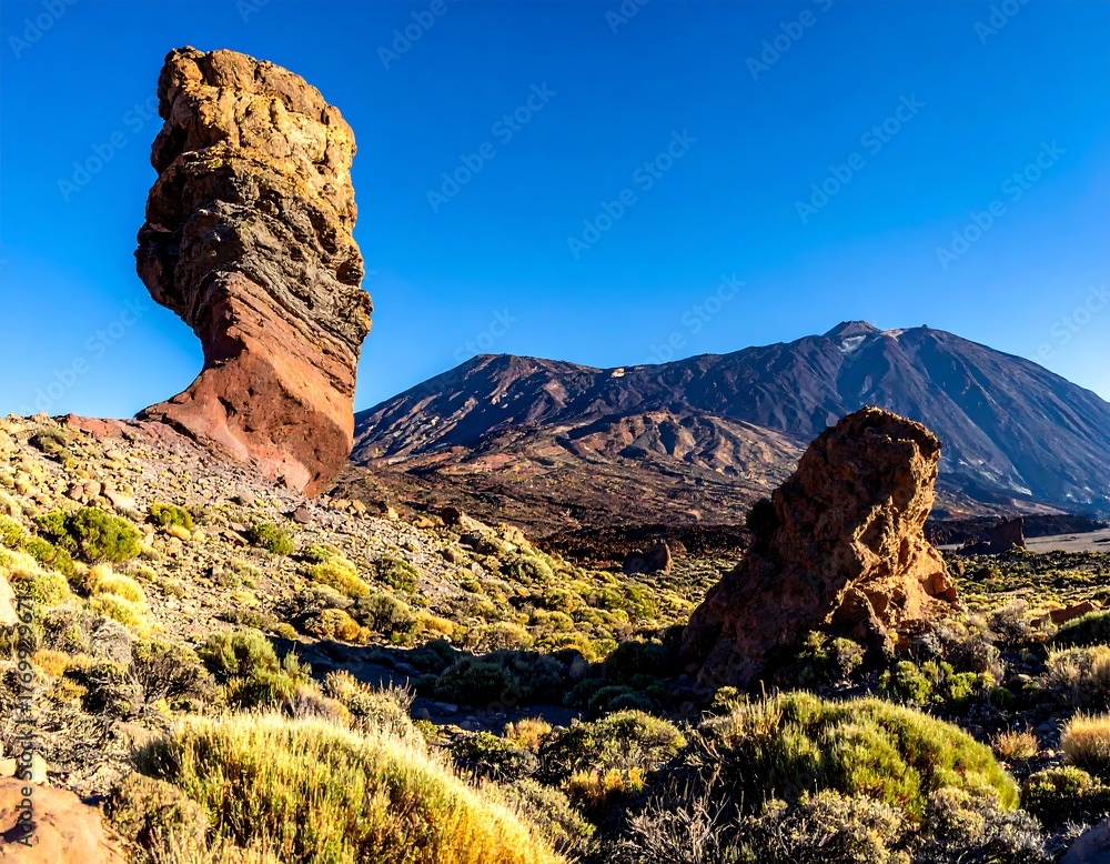 Obraz premium Eroded rock formations and mountain against a vibrant blue sky