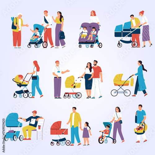 Flat Illustration of Various Families with Baby Strollers and Carriers Characters