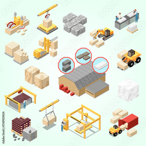 Isometric Stone Processing and Material Handling Industry Elements Construction Set