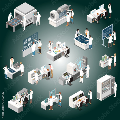 Isometric Medical Research Laboratory Scientists and Equipment Illustration in Dark Green Theme