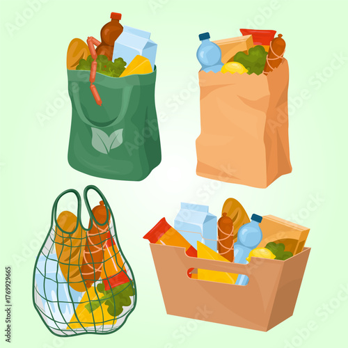 Colorful Cartoon Various Shopping Bag Full of Grocery Items Illustration