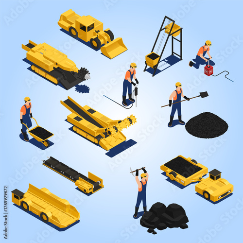 Isometric Detailed Coal Mining Industry Process and Equipment Illustration Set