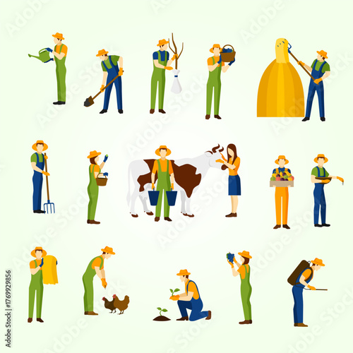Flat Style Diverse Farmer and Farm Worker Characters Doing Agricultural Activities Icon Set