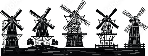Black and white windmill silhouettes, traditional rural architecture, historic wind energy, countryside landscape, vintage windmills illustration, renewable energy concept, rustic design