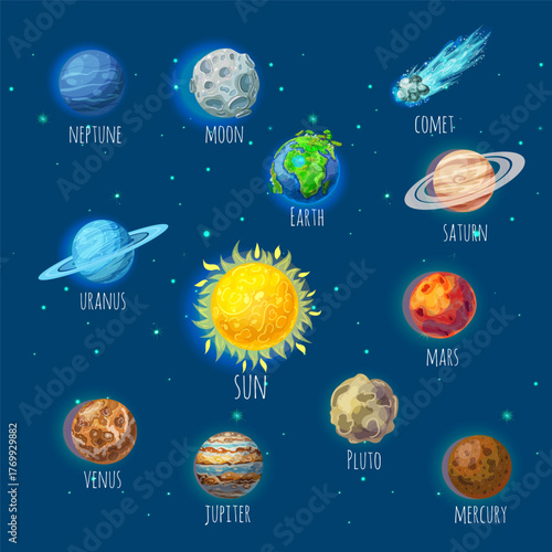 Cute Cartoon Solar System Planets with Sun and Comet Illustration