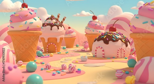 Cartoon Ice Cream Landscape, Sweet Dessert Fantasy World