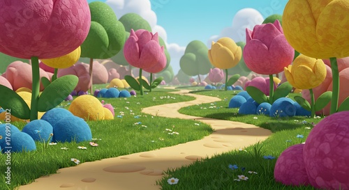 Cartoon Landscape with Flowers and Path