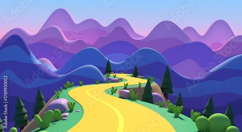 Cartoon Landscape with Winding Road and Mountain Range