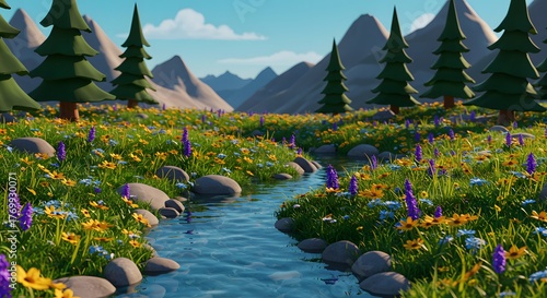Cartoon Landscape with River, Flowers, and Mountains
