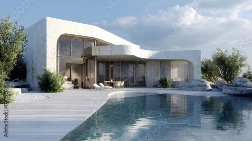 Fototapeta Naklejka Na Ścianę i Meble -  Modern Small House with Pool Minimalist Alabaster Organic Modern Norwegian Style Sunny Weather Vibrant Views Crisp Details Radiant Lighting Elegant Design Luxurious Ambiance (AI-Generated)