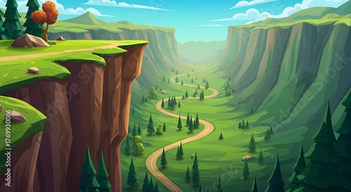 Cartoon Landscape with Winding Road and Cliffs Illustration