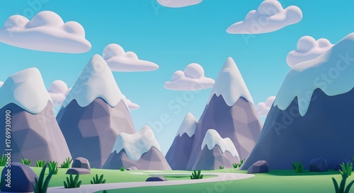 Cartoon Mountain Landscape with Snow and Clouds