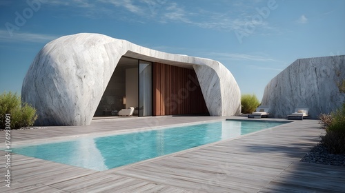 Fototapeta Naklejka Na Ścianę i Meble -  Modern Small House with Pool Minimalist Alabaster Organic Modern Norwegian Style Sunny Weather Vibrant Views Crisp Details Radiant Lighting Elegant Design Luxurious Ambiance (AI-Generated)