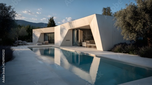 Fototapeta Naklejka Na Ścianę i Meble -  Modern Small House with Pool Minimalist Alabaster Organic Modern Norwegian Style Sunny Weather Vibrant Views Crisp Details Radiant Lighting Elegant Design Luxurious Ambiance (AI-Generated)