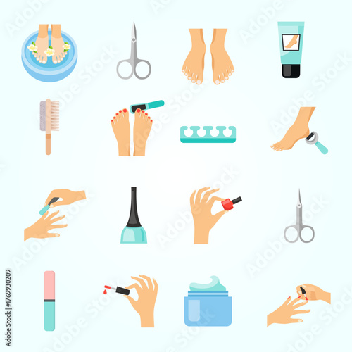 Flat Style Spa Treatment And Manicure Pedicure Equipment Icon Set