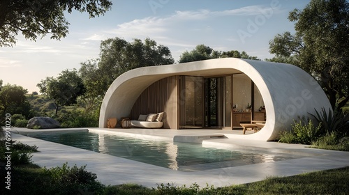 Fototapeta Naklejka Na Ścianę i Meble -  Modern Small House with Pool Minimalist Alabaster Organic Modern Norwegian Style Sunny Weather Vibrant Views Crisp Details Radiant Lighting Elegant Design Luxurious Ambiance (AI-Generated)