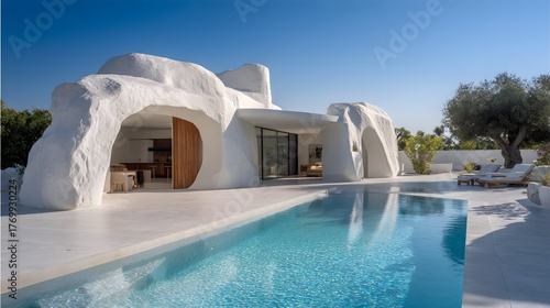 Fototapeta Naklejka Na Ścianę i Meble -  Modern Small House with Pool Minimalist Alabaster Organic Modern Norwegian Style Sunny Weather Vibrant Views Crisp Details Radiant Lighting Elegant Design Luxurious Ambiance (AI-Generated)