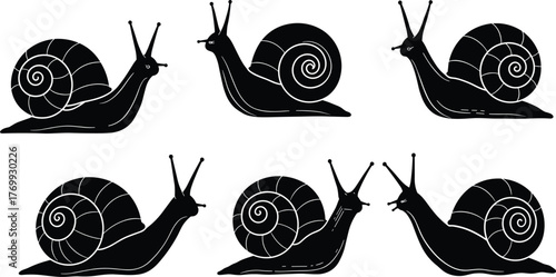 Black snail silhouette collection, spiral shell design, mollusk illustration, animal vector set, nature pattern, symmetry, decorative graphic, isolated icons