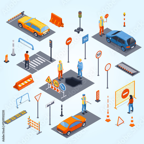 Isometric Illustration of Roadwork and Traffic Management Devices on Street