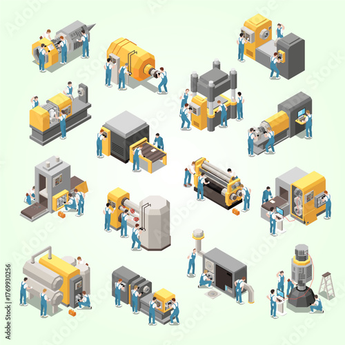 Isometric Detailed Factory Machinery and Workers Illustration for Manufacturing and Production