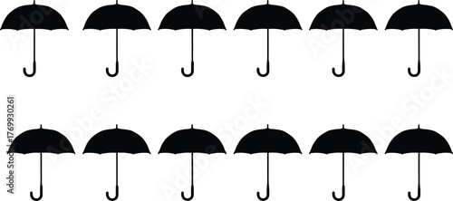 Black umbrella icons pattern, seamless umbrella background, rainy season symbol, weather protection design, umbrella silhouette row, monochrome umbrella illustration