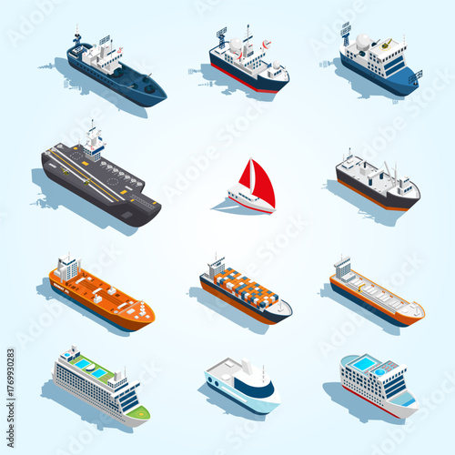 Isometric Detailed Variety Ship and Boat Set Marine Transportation Collection