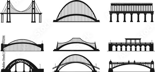 Bridge silhouettes collection, suspension bridge, arch bridge, truss bridge, beam bridge, classical architecture, modern design, engineering structure, construction, architecture