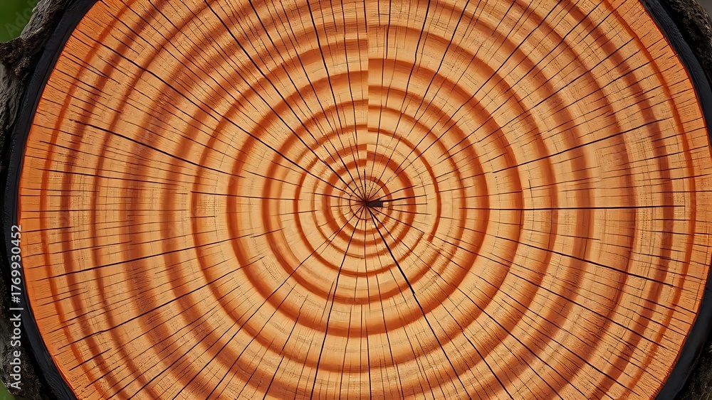 Fototapeta premium crosssection. A detailed cross-section of a tree stump, highlighting natural wood grain and age rings in even lighting. gardening catalogs.