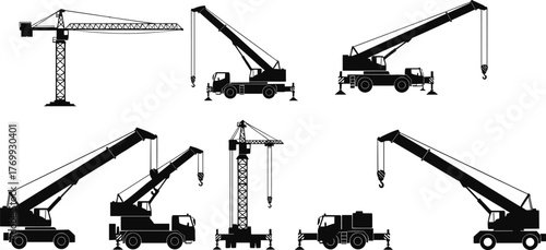 Construction cranes silhouettes, tower crane, mobile crane, heavy machinery, industrial equipment, building site, lifting hook, engineering, architecture, construction industry, skyline