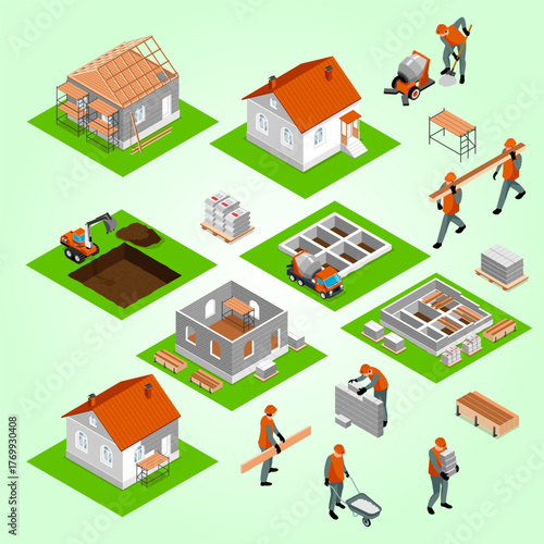 Isometric Detailed House Construction Stages and Workers Illustration on Gradient Background