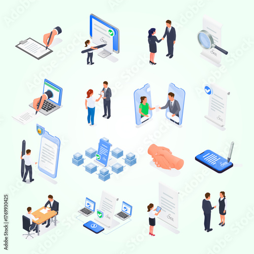 Isometric Digital Agreement Document Business Contract Signature Process Set Illustration