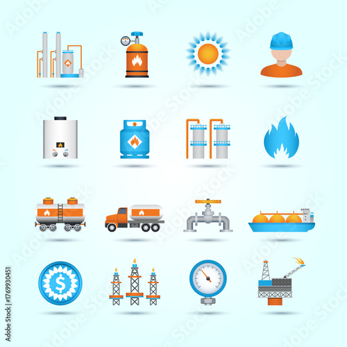 Realistic Energy Resource Industry Icon Set in Modern Flat Style Design