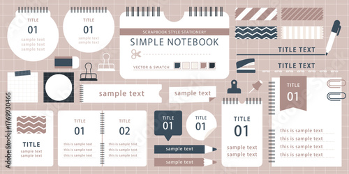 くすみピンクとネイビーの文房具とノートデザイン素材／落ち着いたトーンのステーショナリーセット | ベクター素材 編集可能 フレーム 装飾品 あしらい