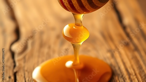 oligarchy. Golden honey dripping from a wooden spoon against a natural wood background. menu design, packaging mockups, designed for culinary blogs and recipe cards for restaurants.